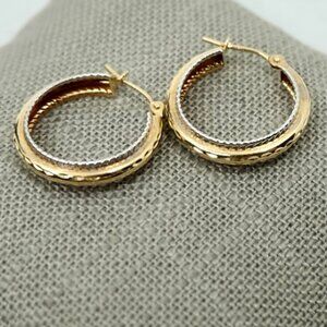 SOLID 14K YELLOW  & WHITE GOLD SMALL DIAMOND CUT HOOP EARRINGS~1.54 GRAMS